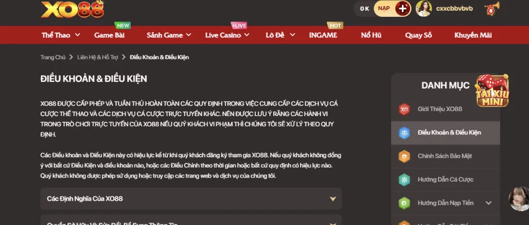 Điều khoản sử dụng tại Xo88